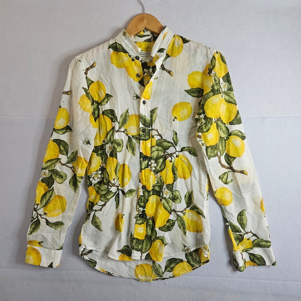 Neill Katter Italy Lemon Print Button Up Shirt Mens Small White Yellow Citrus